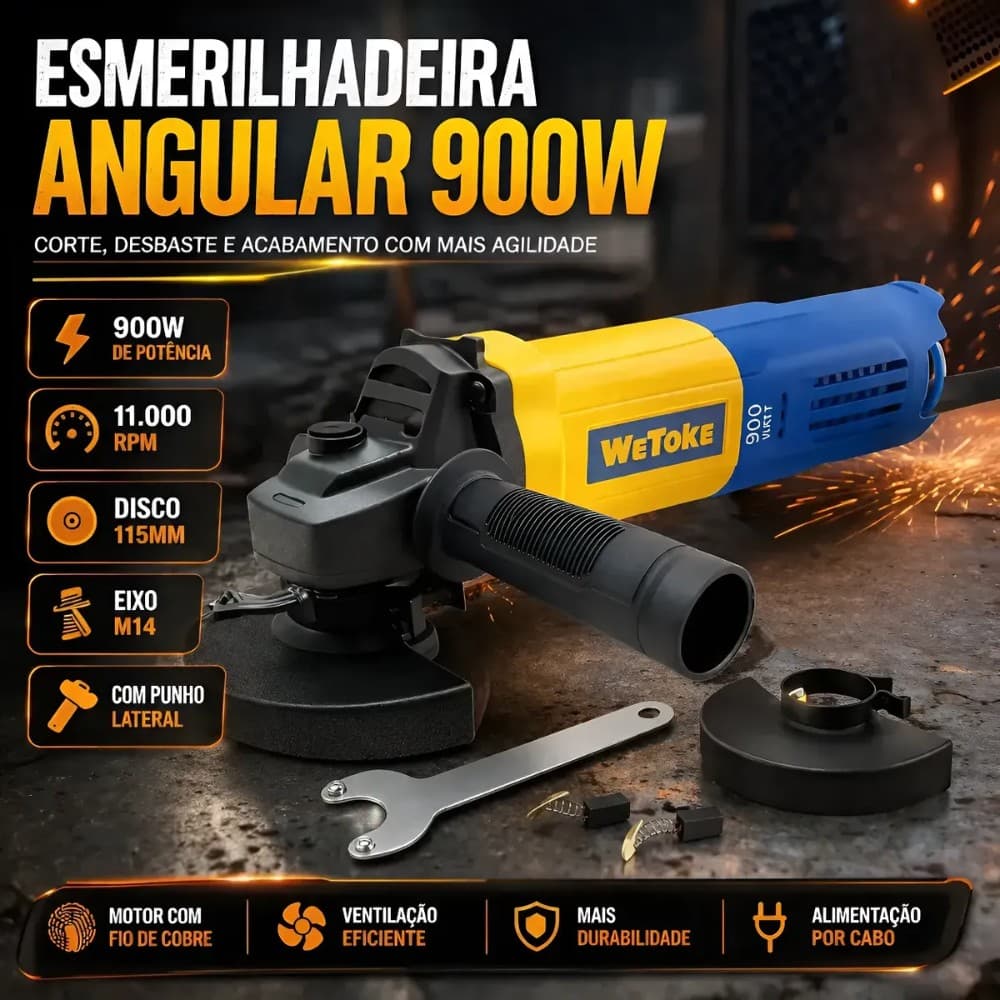 Esmerilhadeira Lixadeira Angular 900W 115mm Bivolt com Acessórios — Modelo único